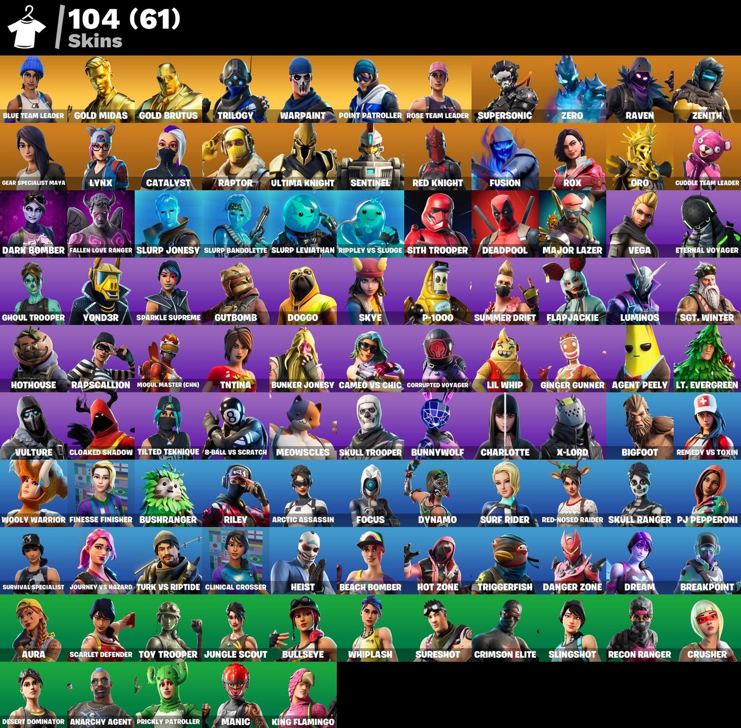 104 Skins/ OG STW | Deadpool | Midas | Skull Trooper | Ghoul Trooper | Rose Team Leader | Blue Team Leader | Warpaint | Point Partroller | Trilogy