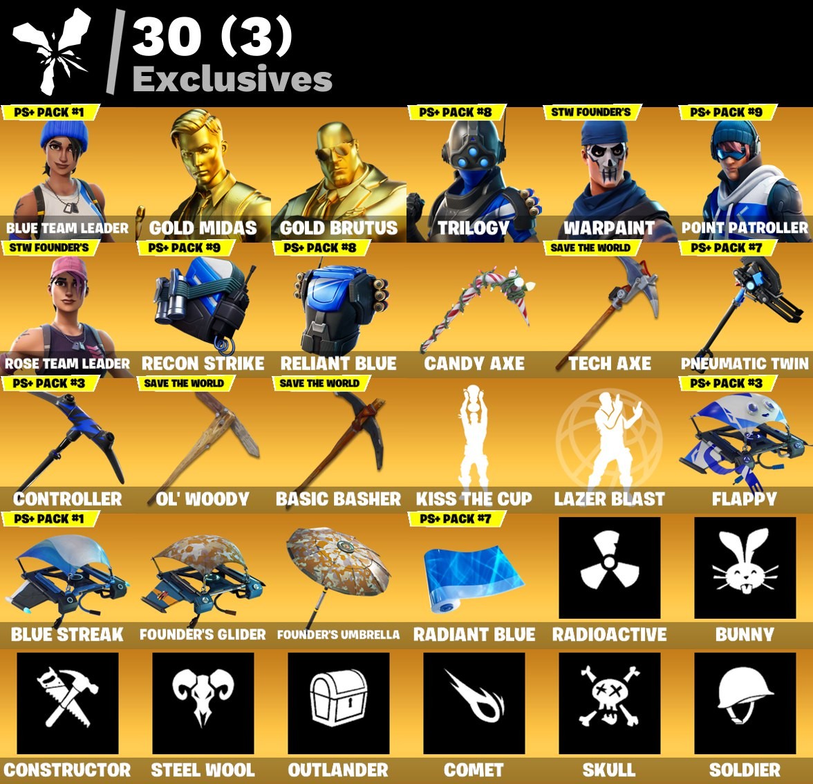104 Skins/ OG STW | Deadpool | Midas | Skull Trooper | Ghoul Trooper | Rose Team Leader | Blue Team Leader | Warpaint | Point Partroller | Trilogy