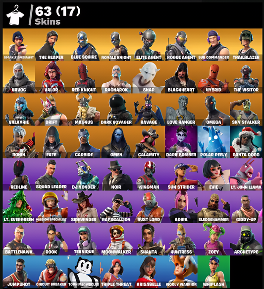 63 SKINS / SPARKLE SPECIALIST / FA / FLOSS / BLUE SQUIRE / THE REAPER / EOYALE KNIGHT / ELITE AGENT / TAKE THE L / TRAILBLAZER