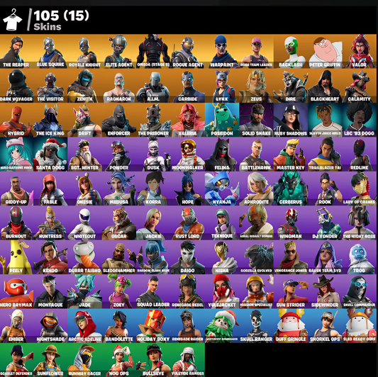 105 SKINS / MAIL CHANGE / BLUE SQUIRE / FA / THE REAPER / ROYALE KNIGHT / ELITE AGENT / TAKE THE L / OMEGA (STAGE5)