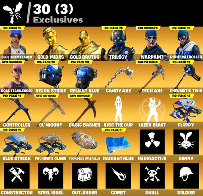 104 Skins/ OG STW | Deadpool | Midas | Skull Trooper | Ghoul Trooper | Rose Team Leader | Blue Team Leader | Warpaint | Point Partroller | Trilogy